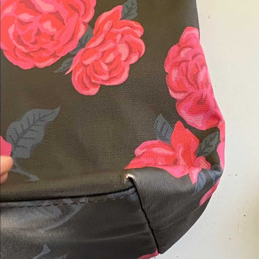 Matilda Jane Waxed Cotton Dark Gray/Black and Pink Floral Shoulder Snap Top Tote